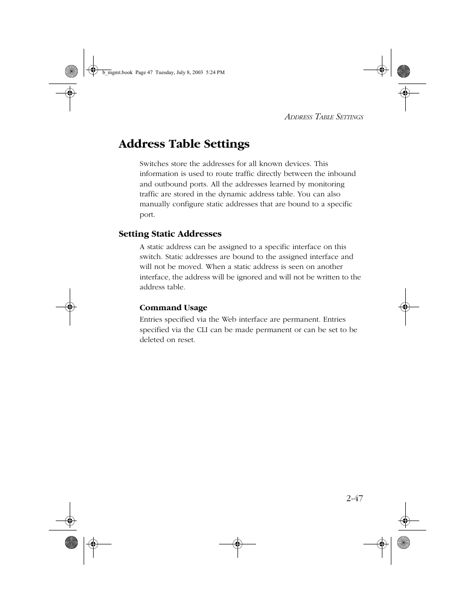 Address table settings, Setting static addresses, Address table settings -47 | Setting static addresses -47 | SMC Networks SMC EZ 10/100/1000 SMCGS8P-Smart User Manual | Page 79 / 366