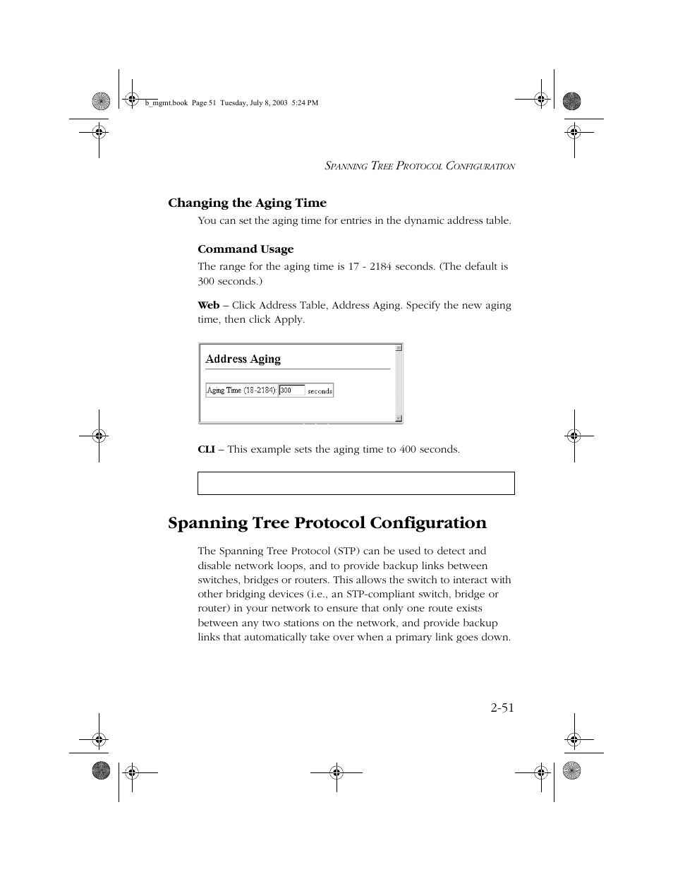 Changing the aging time, Spanning tree protocol configuration, Changing the aging time -51 | Spanning tree protocol configuration -51 | SMC Networks SMC EZ 10/100/1000 SMCGS8P-Smart User Manual | Page 83 / 366
