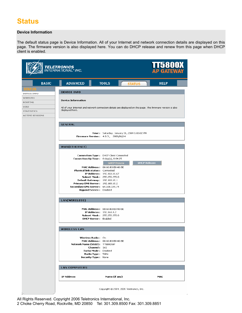 Status | SMC Networks Gateway TTTM5800X User Manual | Page 16 / 62