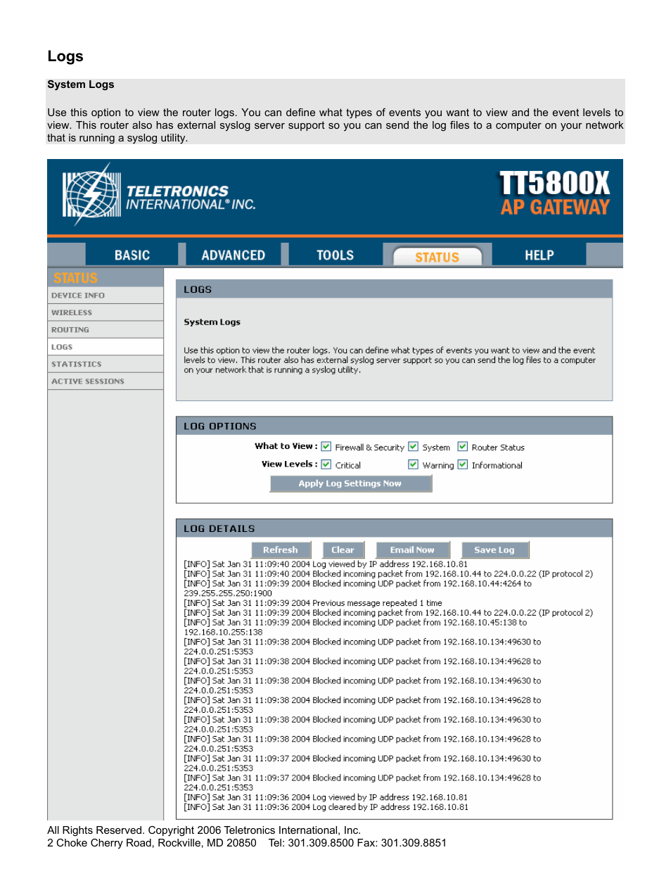 Logs | SMC Networks Gateway TTTM5800X User Manual | Page 19 / 62