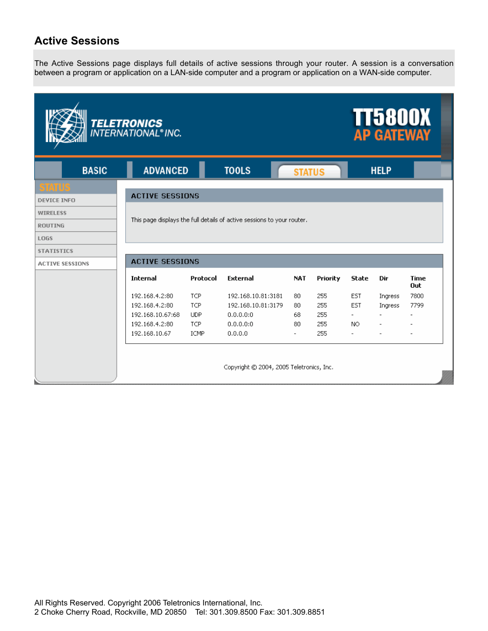 Active sessions | SMC Networks Gateway TTTM5800X User Manual | Page 21 / 62