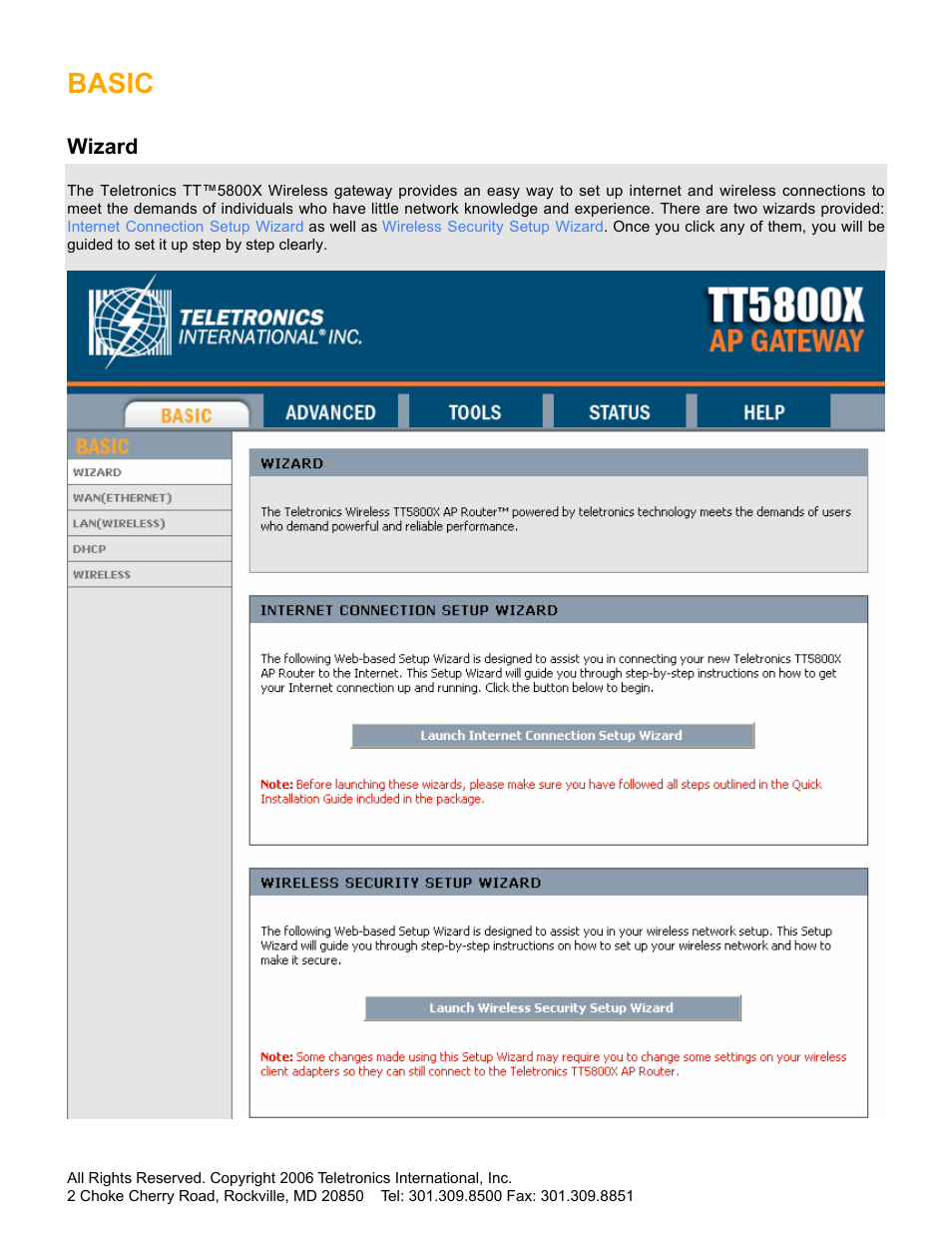 Basic, Wizard | SMC Networks Gateway TTTM5800X User Manual | Page 22 / 62