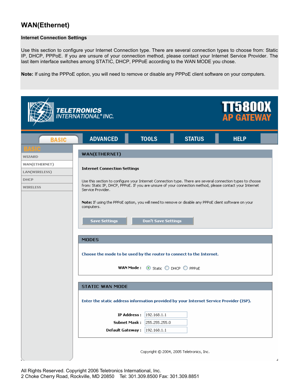 Wan(ethernet) | SMC Networks Gateway TTTM5800X User Manual | Page 23 / 62