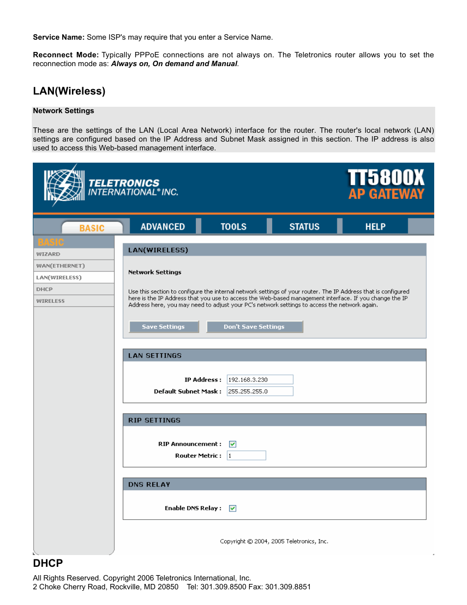 Lan(wireless), Dhcp | SMC Networks Gateway TTTM5800X User Manual | Page 25 / 62