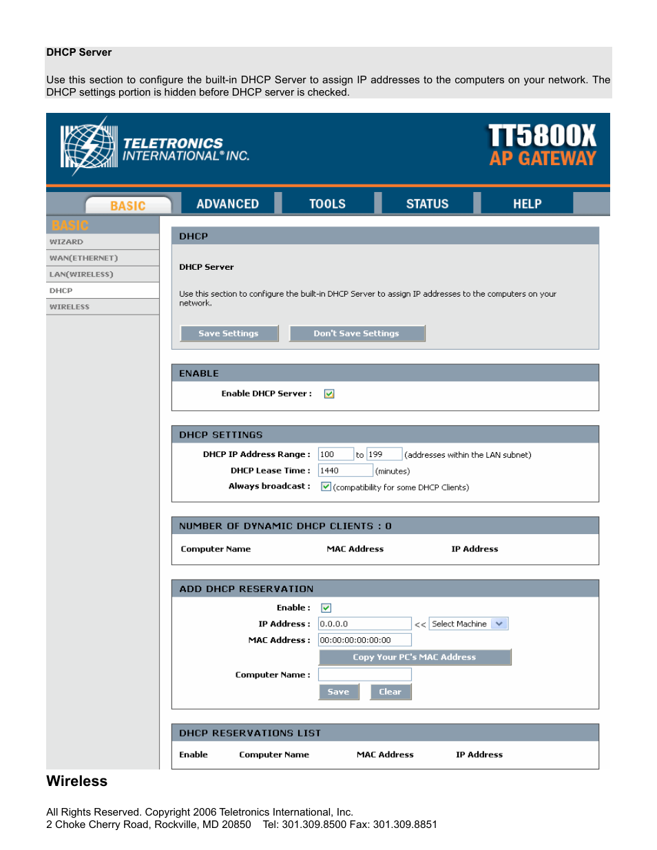 Wireless | SMC Networks Gateway TTTM5800X User Manual | Page 26 / 62