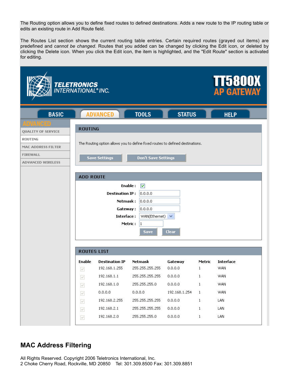 Mac address filtering | SMC Networks Gateway TTTM5800X User Manual | Page 38 / 62