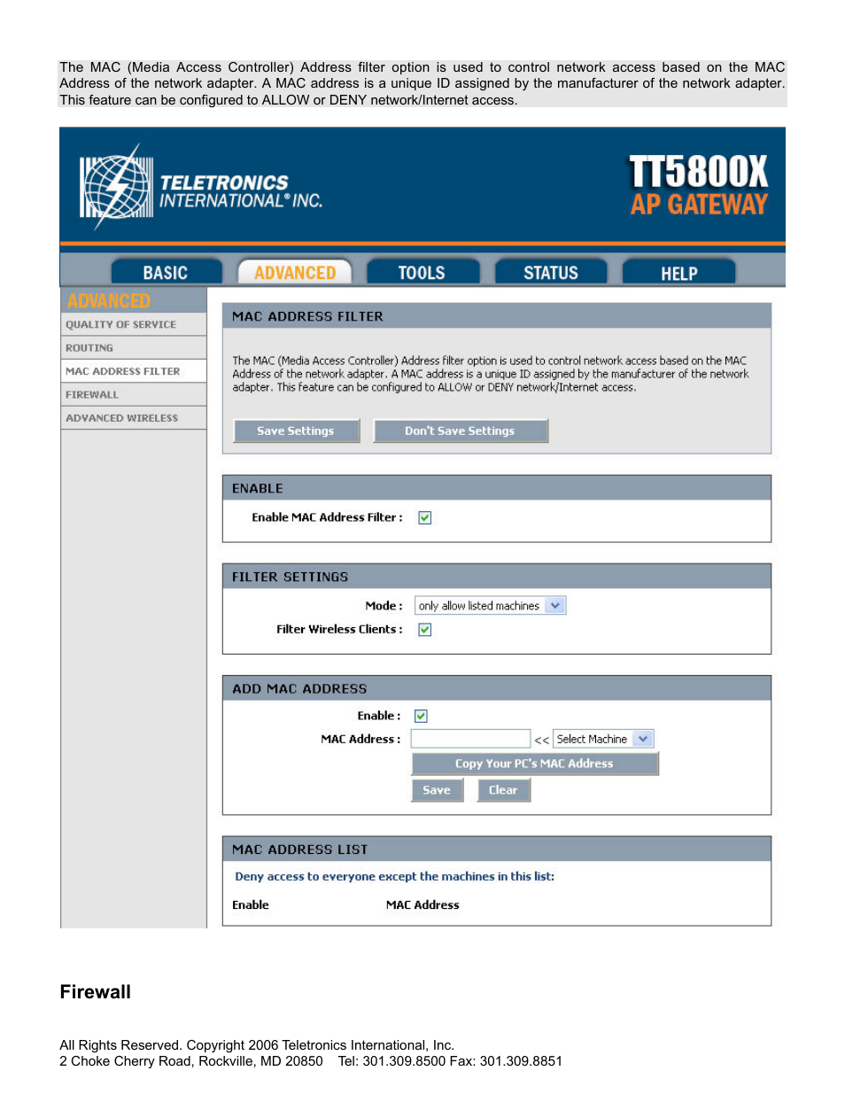 Firewall | SMC Networks Gateway TTTM5800X User Manual | Page 39 / 62