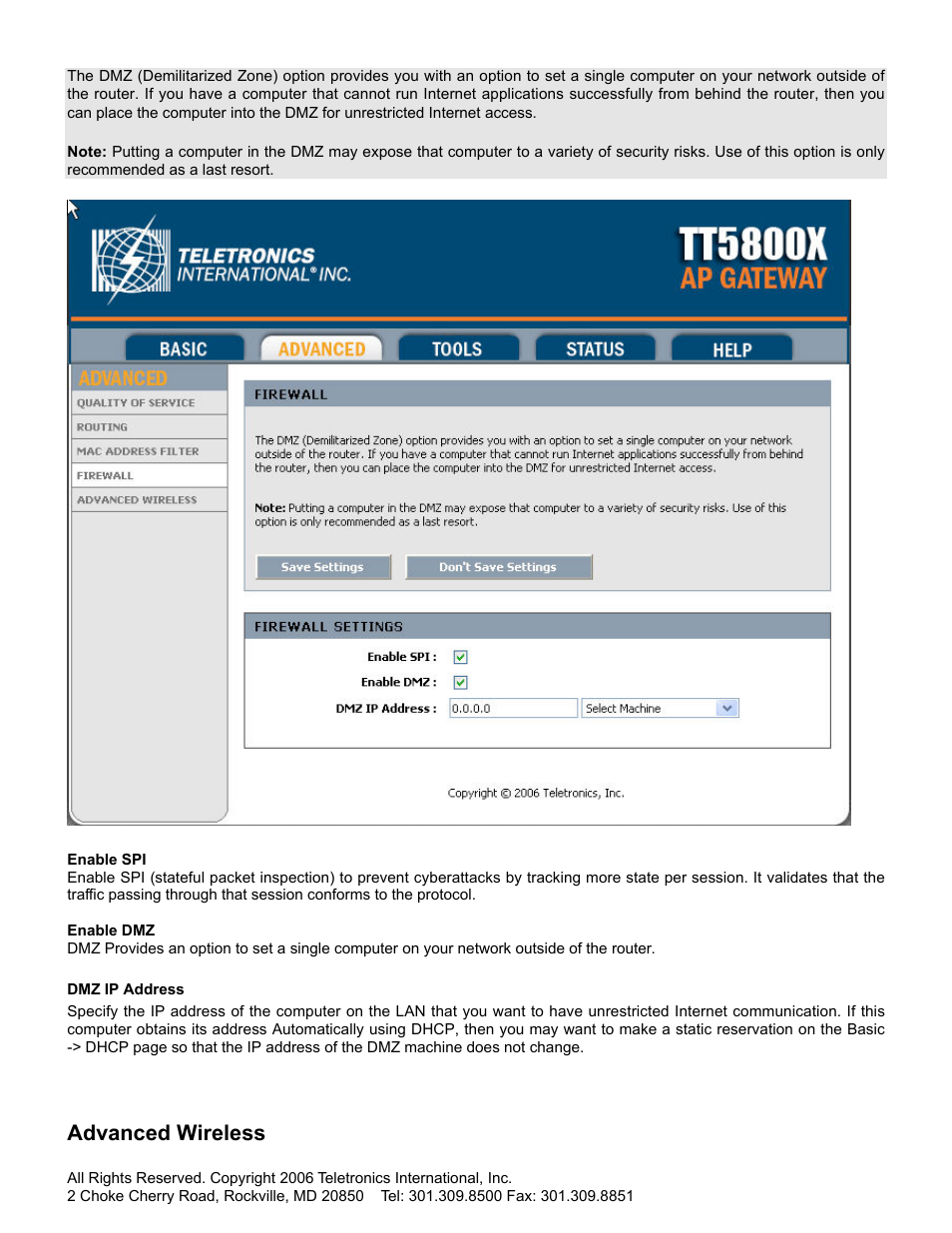 Advanced wireless | SMC Networks Gateway TTTM5800X User Manual | Page 40 / 62