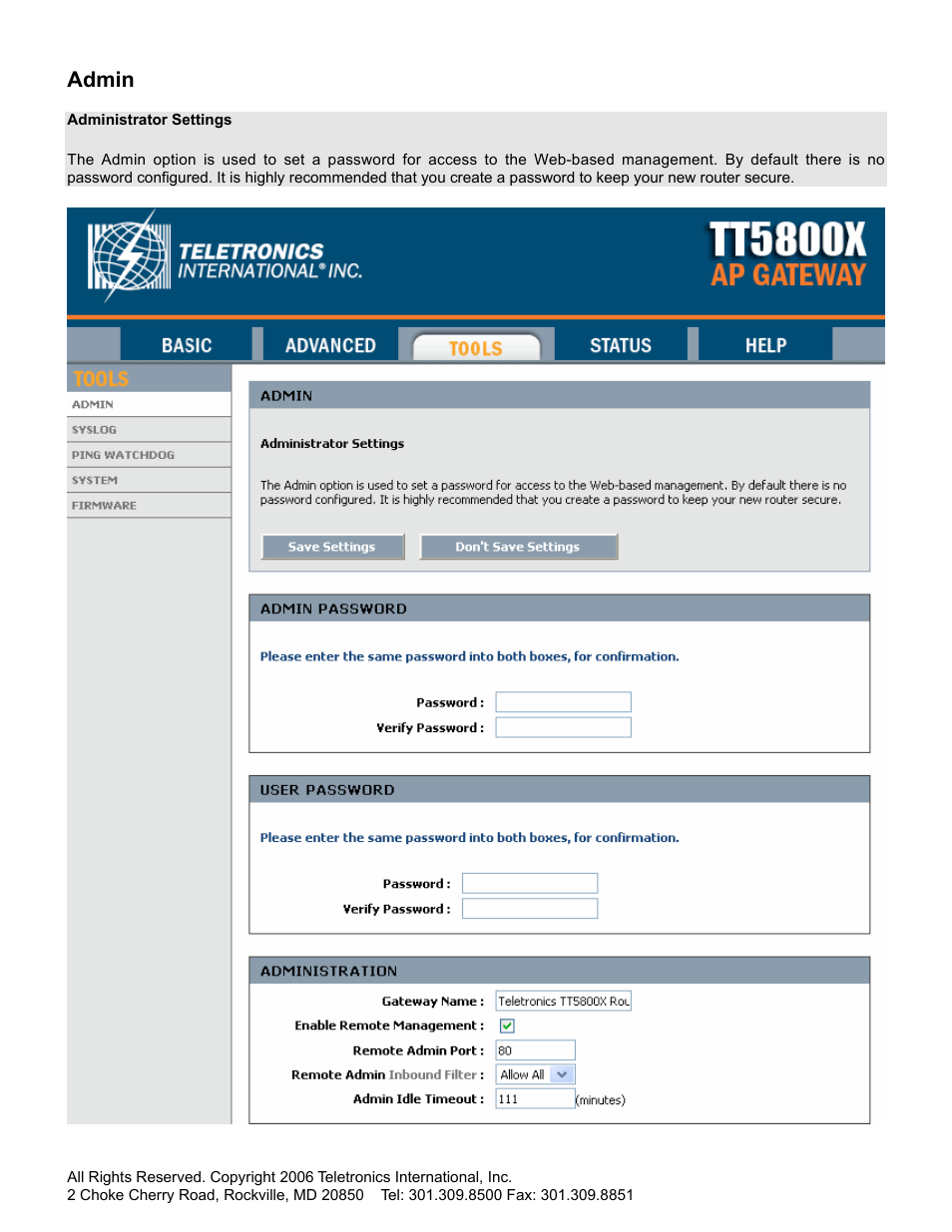 Admin | SMC Networks Gateway TTTM5800X User Manual | Page 43 / 62