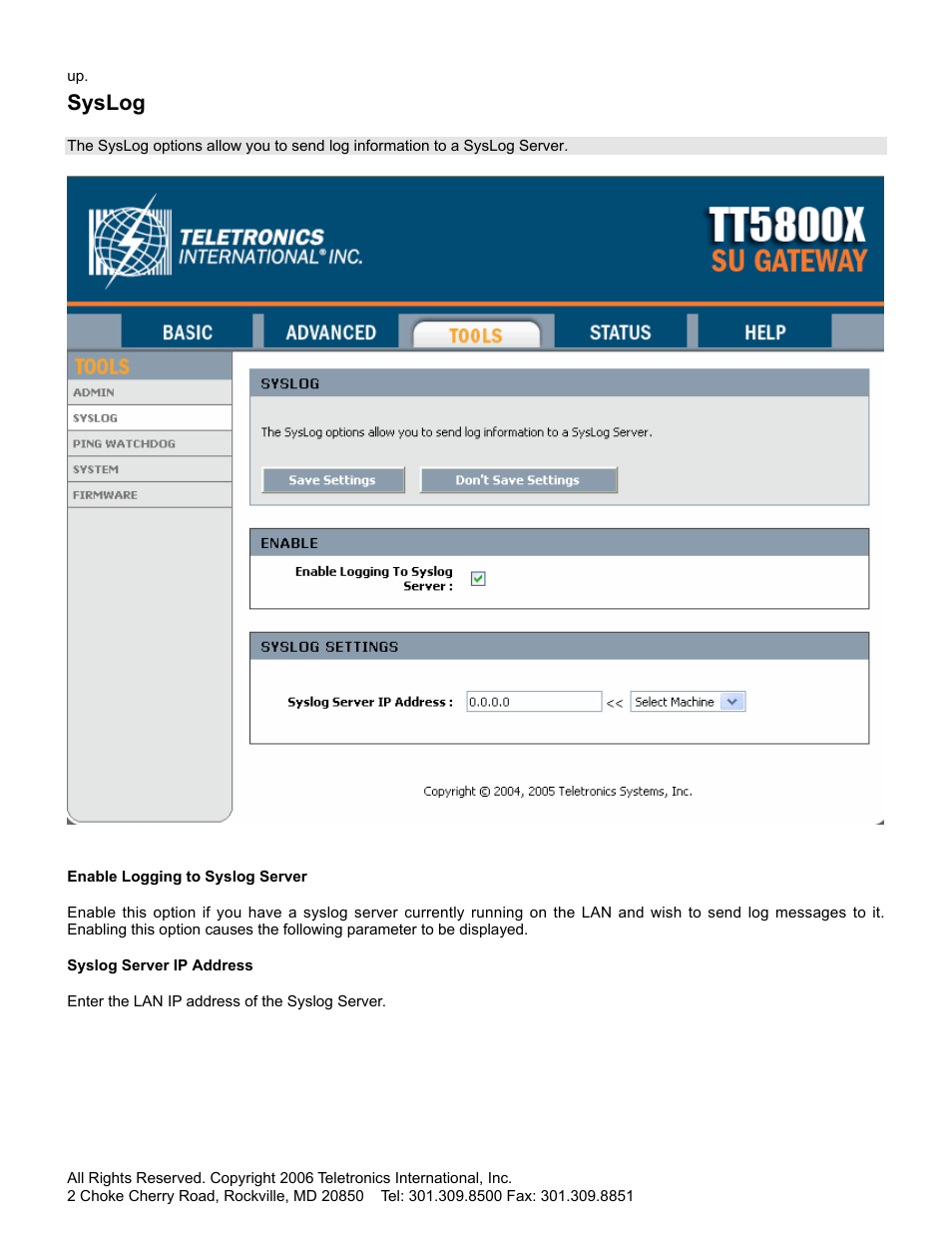 Syslog | SMC Networks Gateway TTTM5800X User Manual | Page 45 / 62