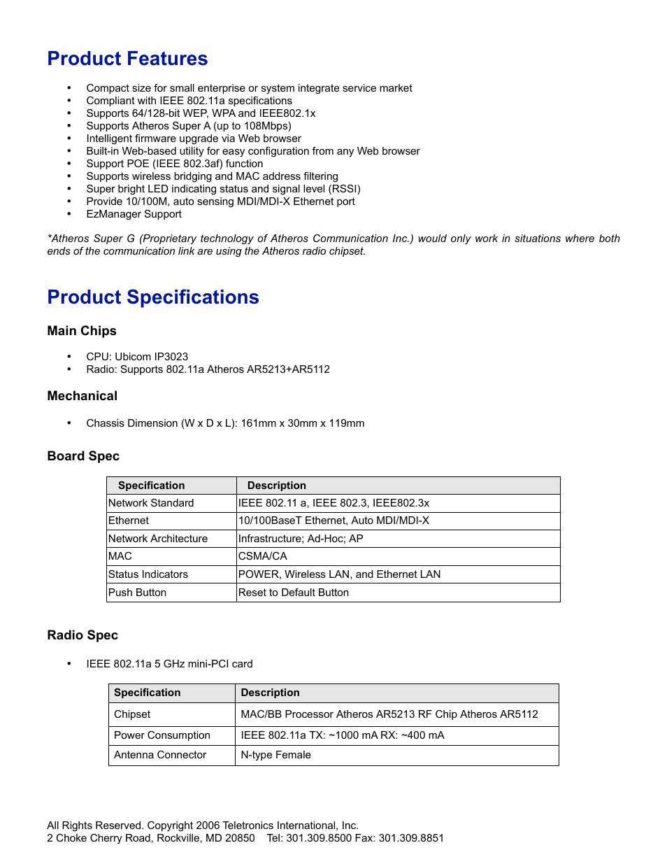 Product features, Product specifications | SMC Networks Gateway TTTM5800X User Manual | Page 5 / 62