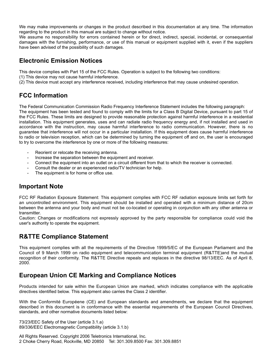 Electronic emission notices, Fcc information, R&tte compliance statement | European union ce marking and compliance notices | SMC Networks Gateway TTTM5800X User Manual | Page 53 / 62