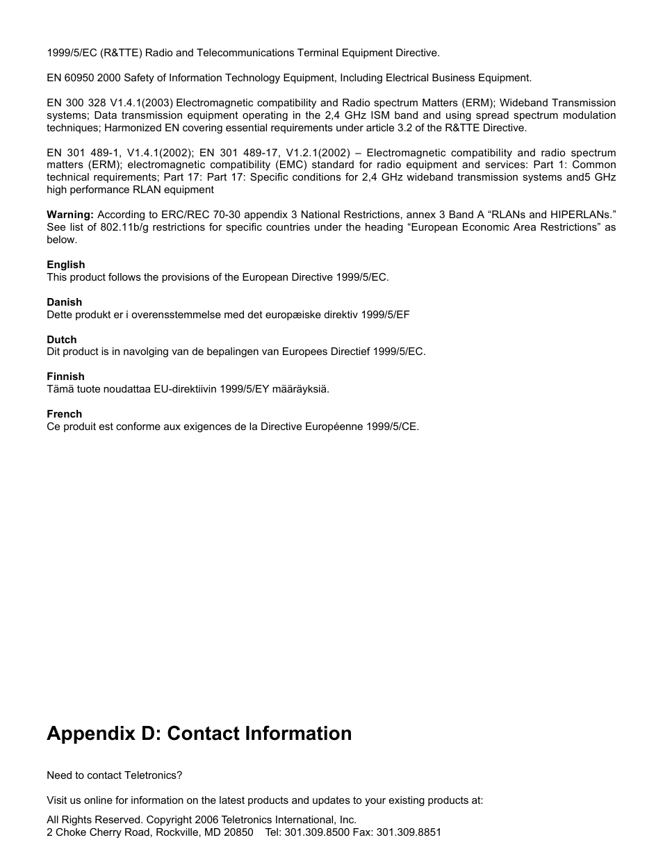 Appendix d: contact information | SMC Networks Gateway TTTM5800X User Manual | Page 54 / 62