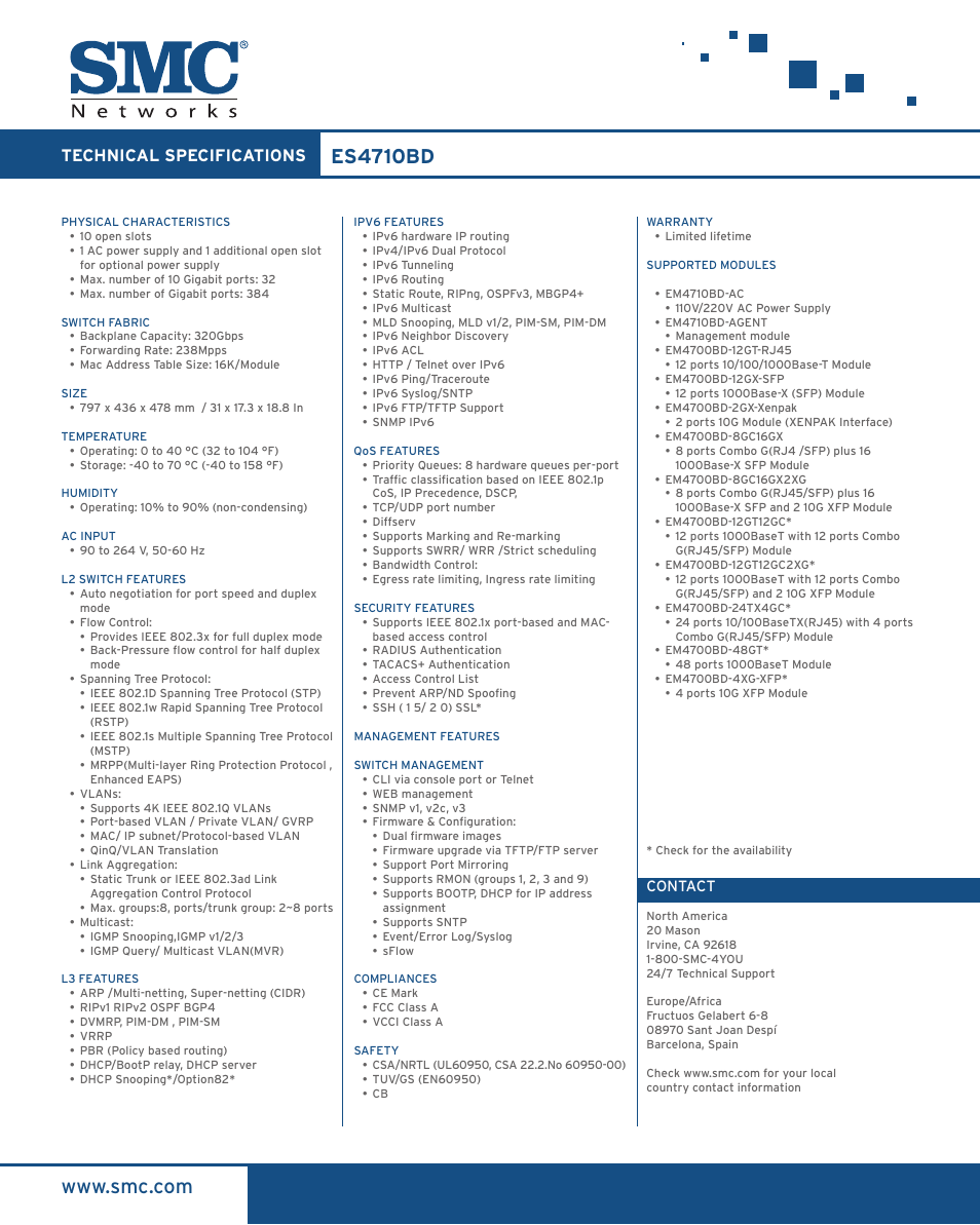 Es4710bd, Technical specifications | SMC Networks Edge-core ES4710BD User Manual | Page 2 / 2