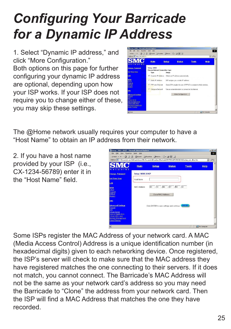 Conguring your barricade for a dynamic ip address | SMC Networks SMC7008ABR User Manual | Page 25 / 46