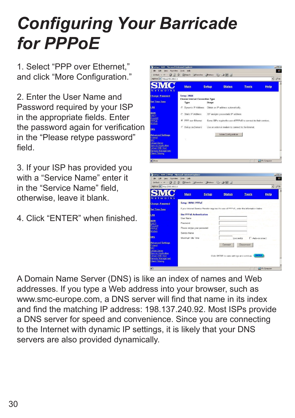 Conguring your barricade for pppoe | SMC Networks SMC7008ABR User Manual | Page 30 / 46
