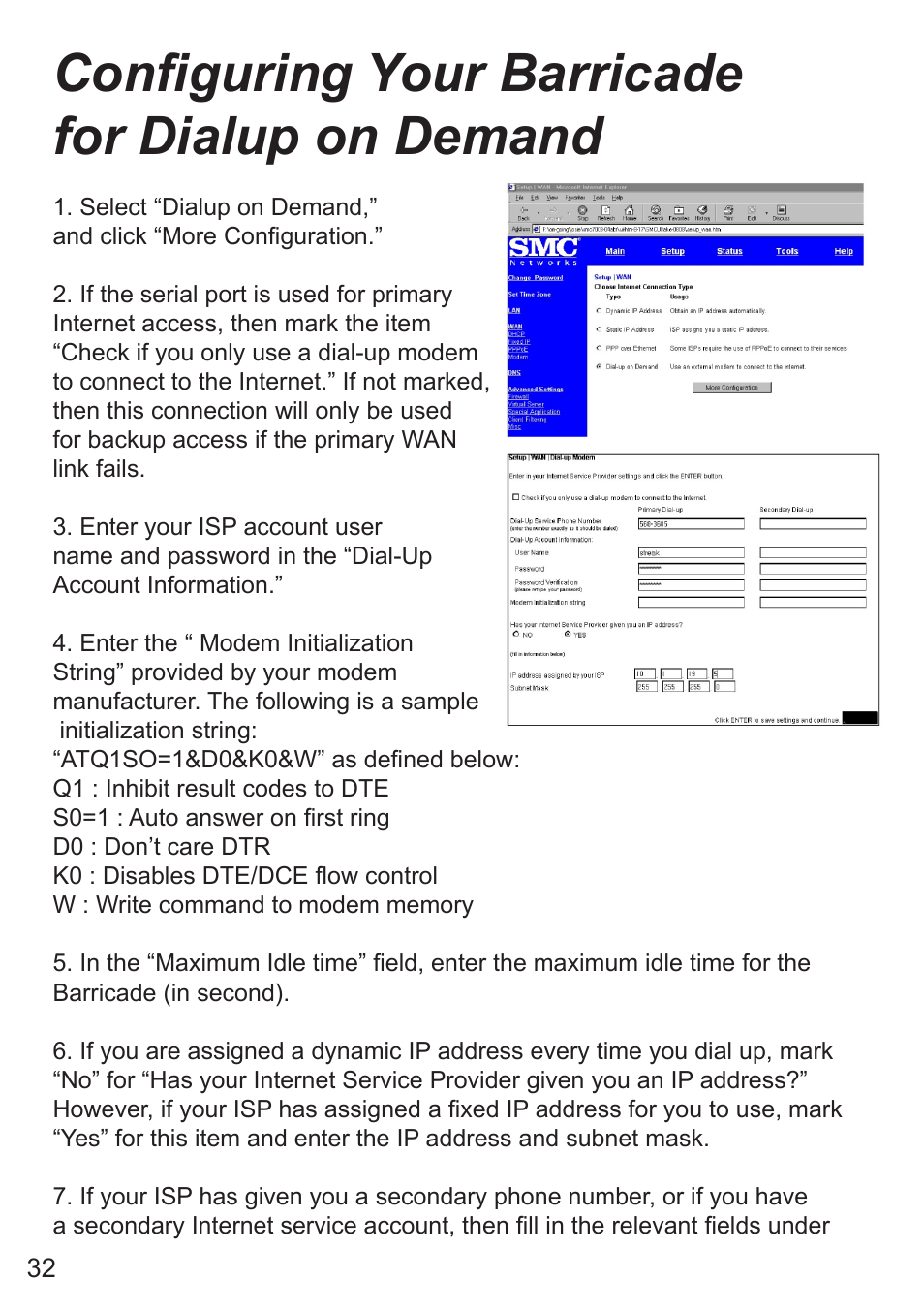 Conguring your barricade for dialup on demand | SMC Networks SMC7008ABR User Manual | Page 32 / 46