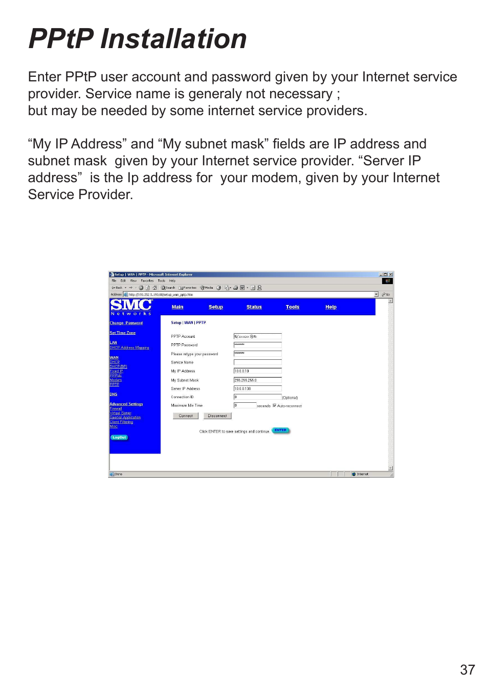 Pptp installation | SMC Networks SMC7008ABR User Manual | Page 37 / 46
