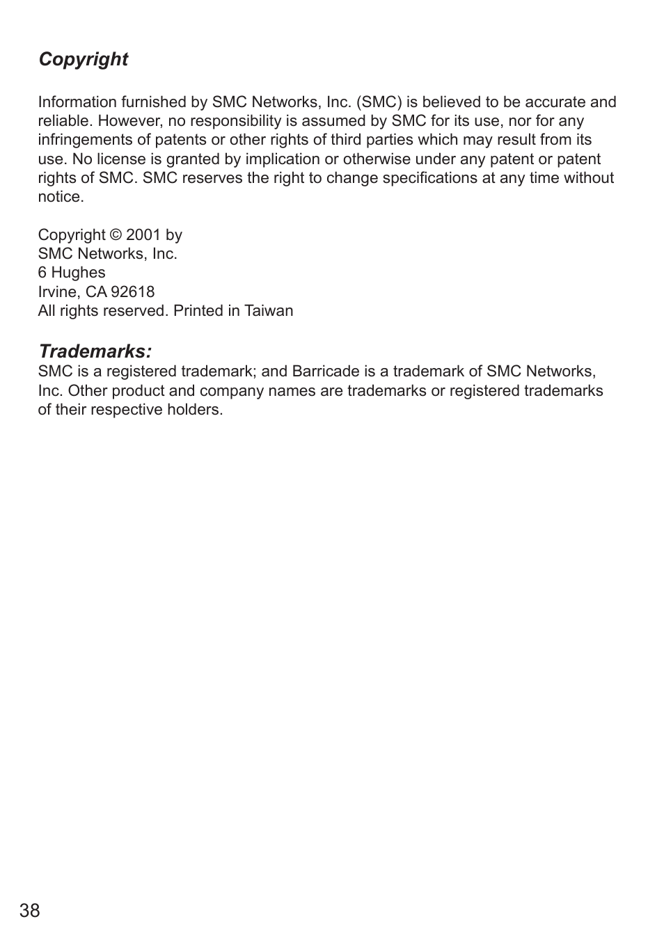 38 copyright, Trademarks | SMC Networks SMC7008ABR User Manual | Page 38 / 46