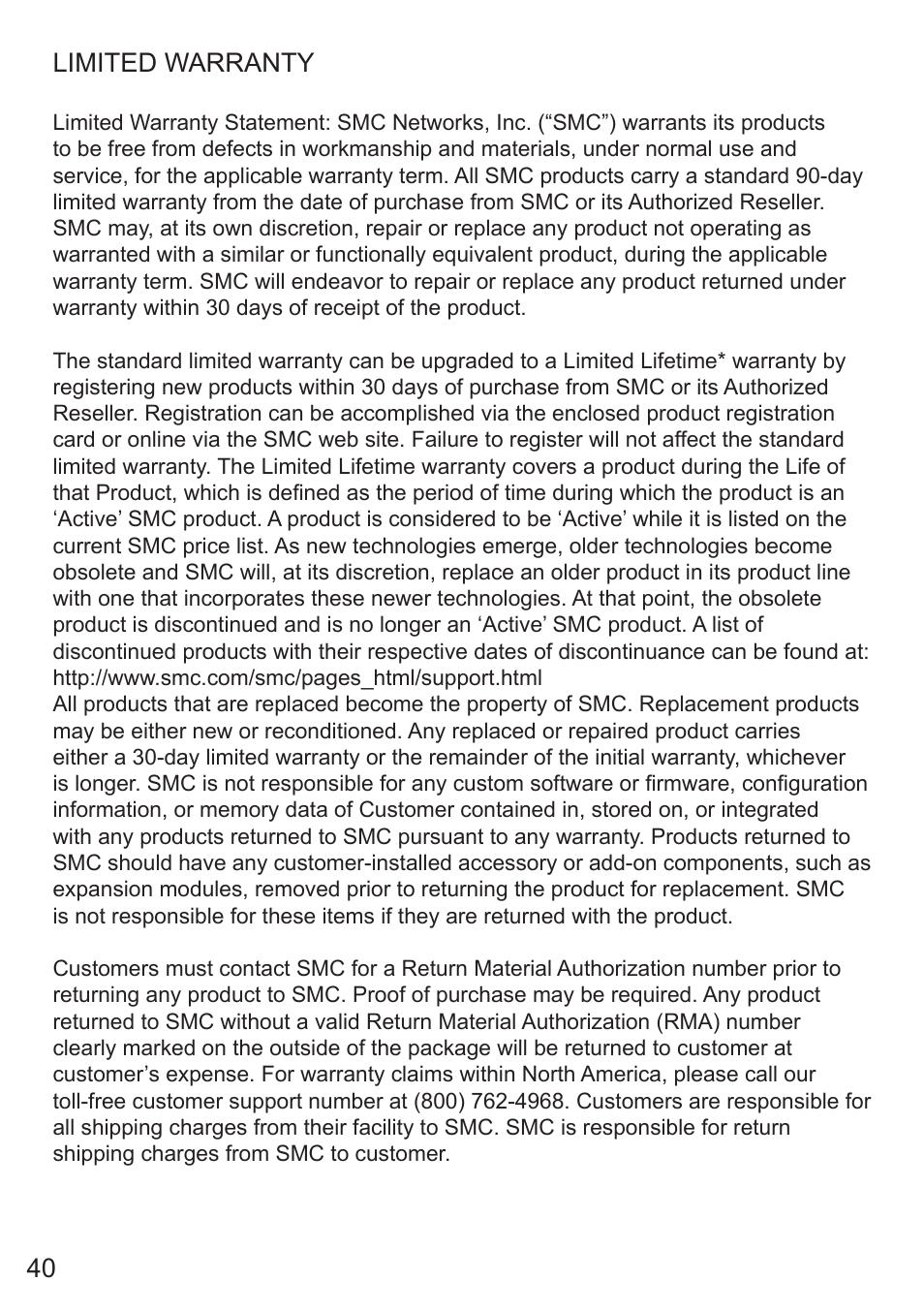 40 limited warranty | SMC Networks SMC7008ABR User Manual | Page 40 / 46