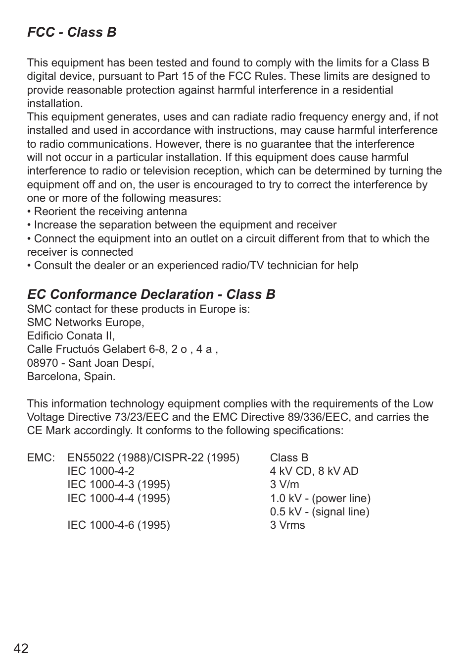42 fcc - class b, Ec conformance declaration - class b | SMC Networks SMC7008ABR User Manual | Page 42 / 46