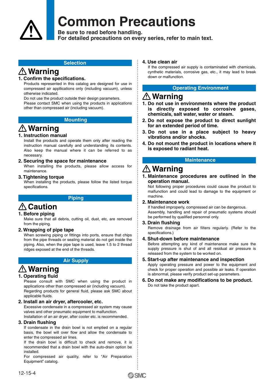 Common precautions, Warning, Caution | SMC Networks MHT2 User Manual | Page 11 / 16