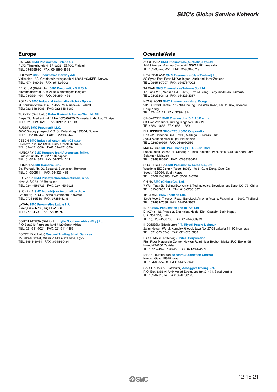 Smc’s global service network, Europe, Oceania/asia | SMC Networks MHT2 User Manual | Page 16 / 16