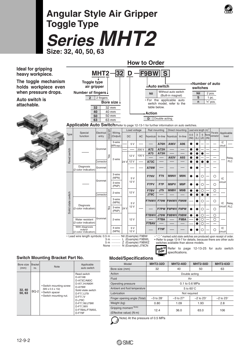 How to order, Mht2, Series | Angular style air gripper toggle type, F9bw s, D32 mht2, Applicable auto switch, Switch mounting bracket part no, Model/specifications | SMC Networks MHT2 User Manual | Page 2 / 16