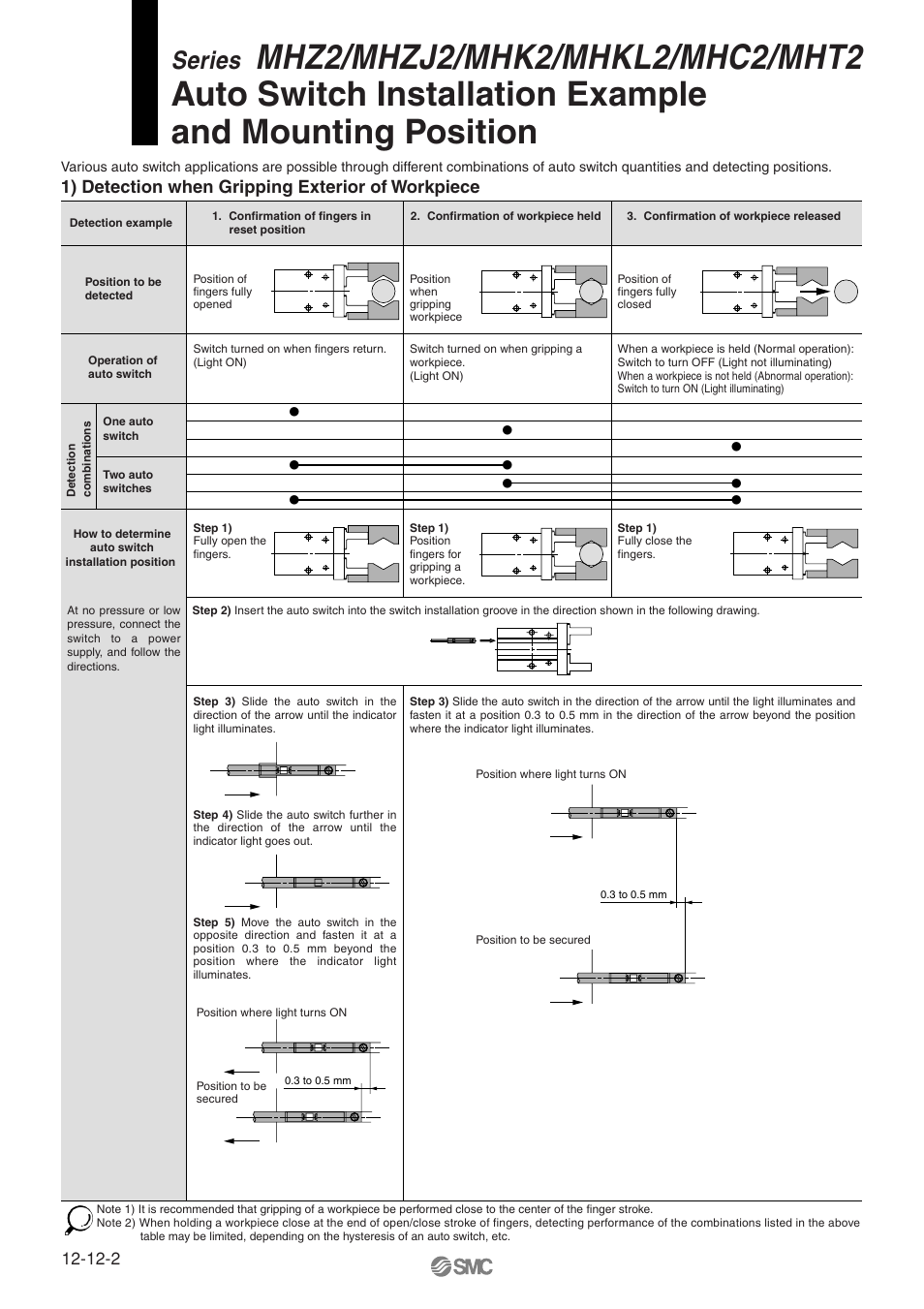 Auto switch installation example, Series, 1) detection when gripping exterior of workpiece | SMC Networks MHT2 User Manual | Page 8 / 16