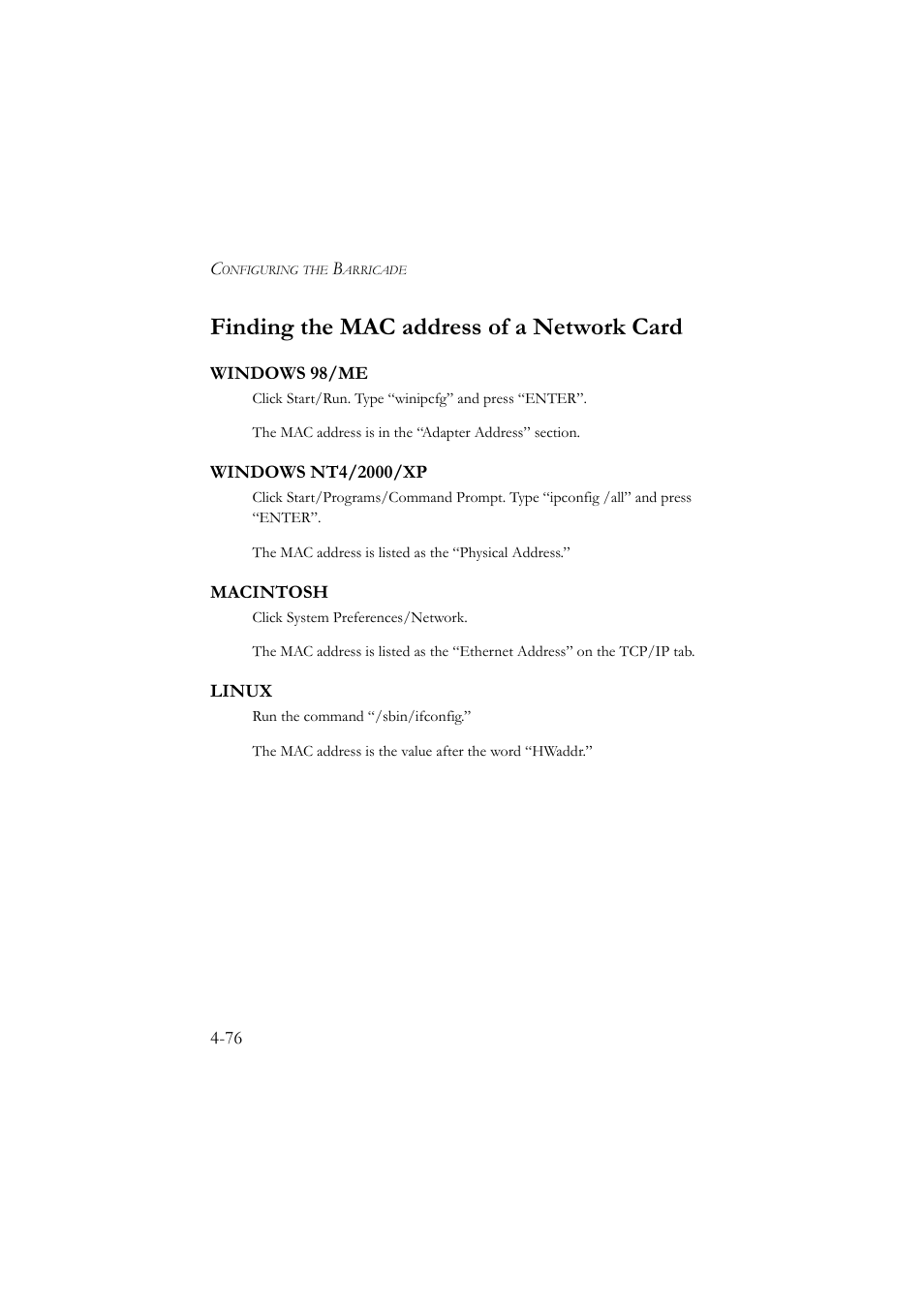 Finding the mac address of a network card | SMC Networks SMC7904WBRA User Manual | Page 120 / 139