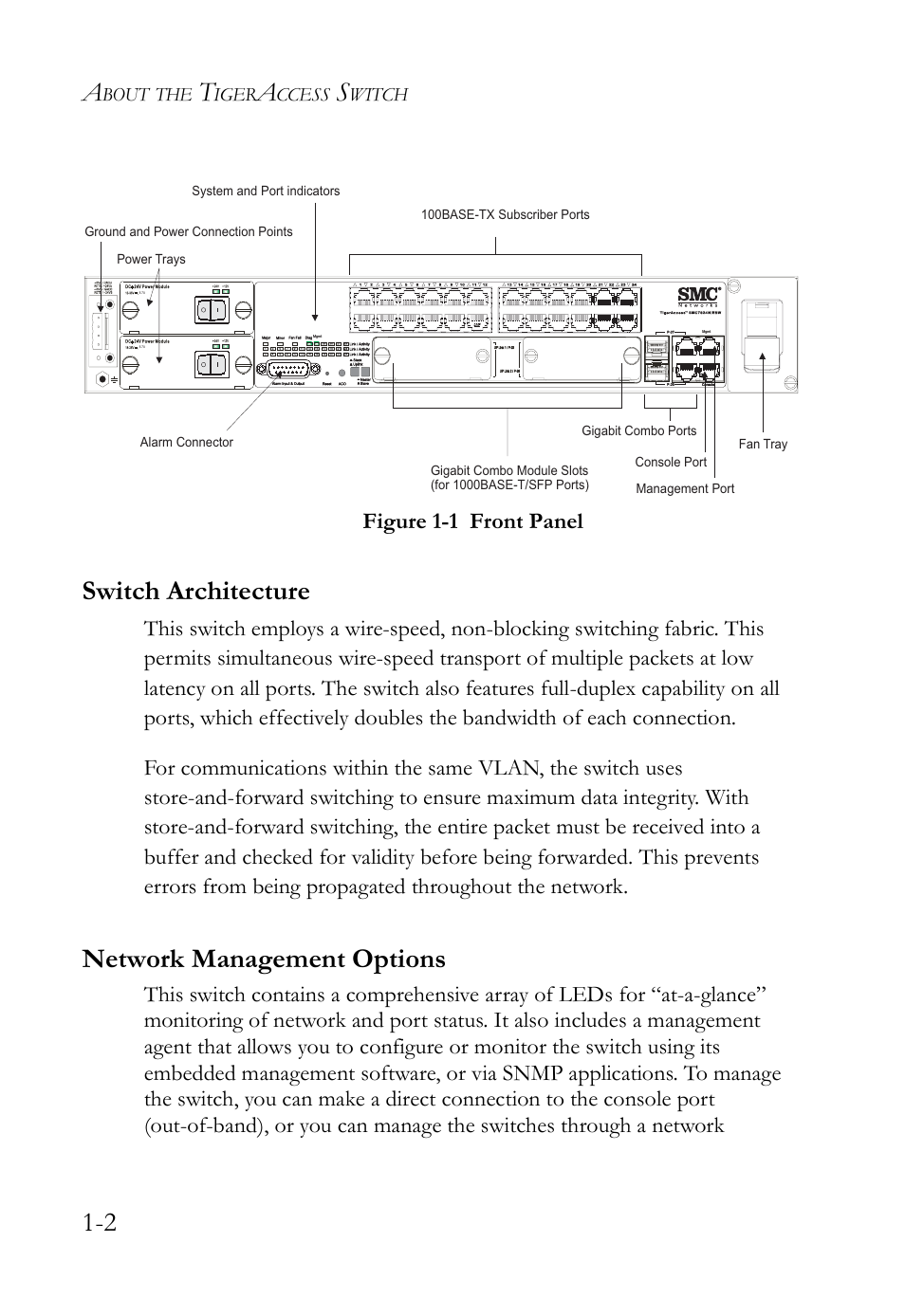 Switch architecture, Network management options, Figure 1-1 | Front panel -2, Figure 1-1 front panel | SMC Networks SMC TigerAccess SMC7824M/ESW User Manual | Page 22 / 104