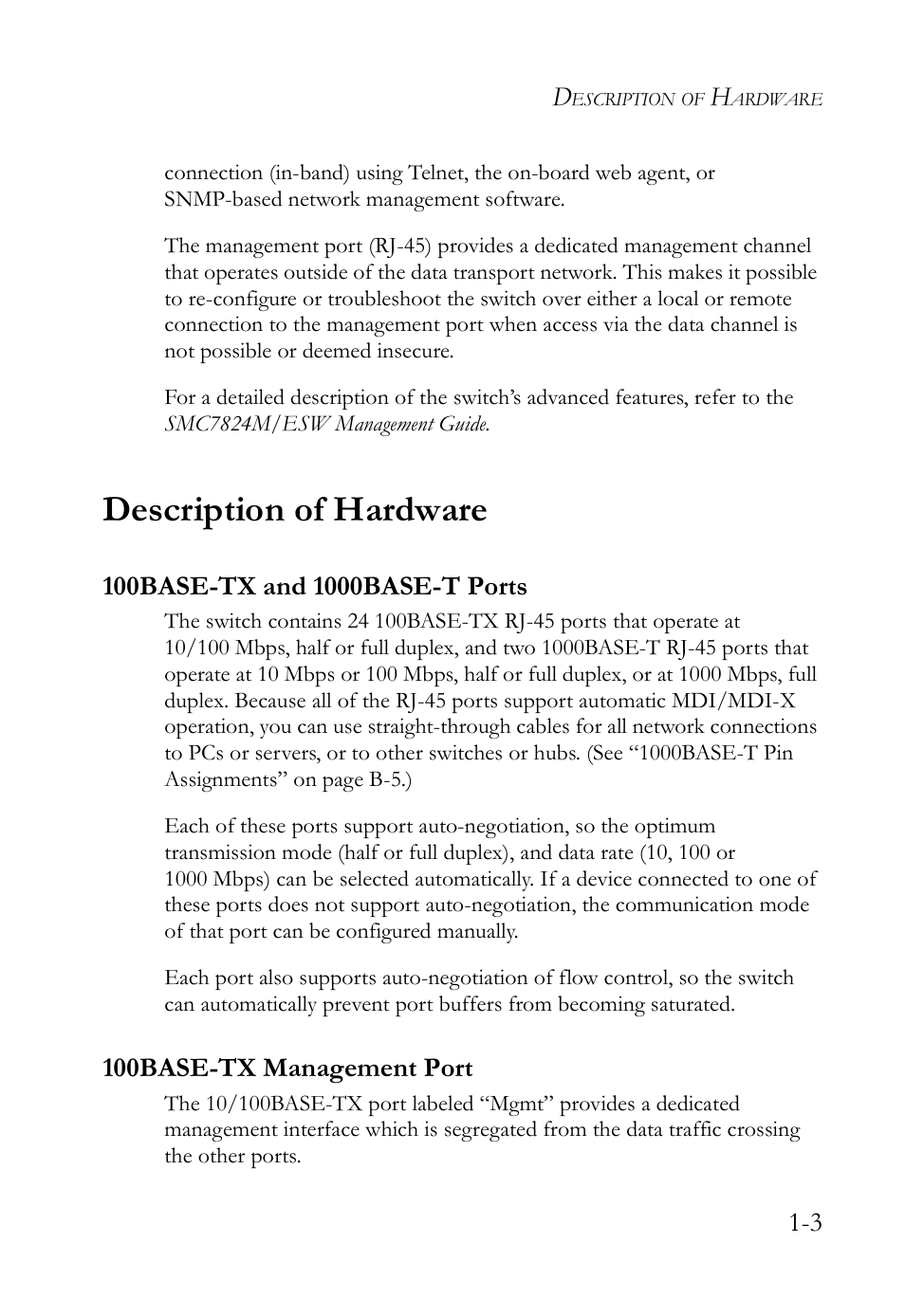 Description of hardware, 100base-tx and 1000base-t ports, 100base-tx management port | Description of hardware -3 | SMC Networks SMC TigerAccess SMC7824M/ESW User Manual | Page 23 / 104