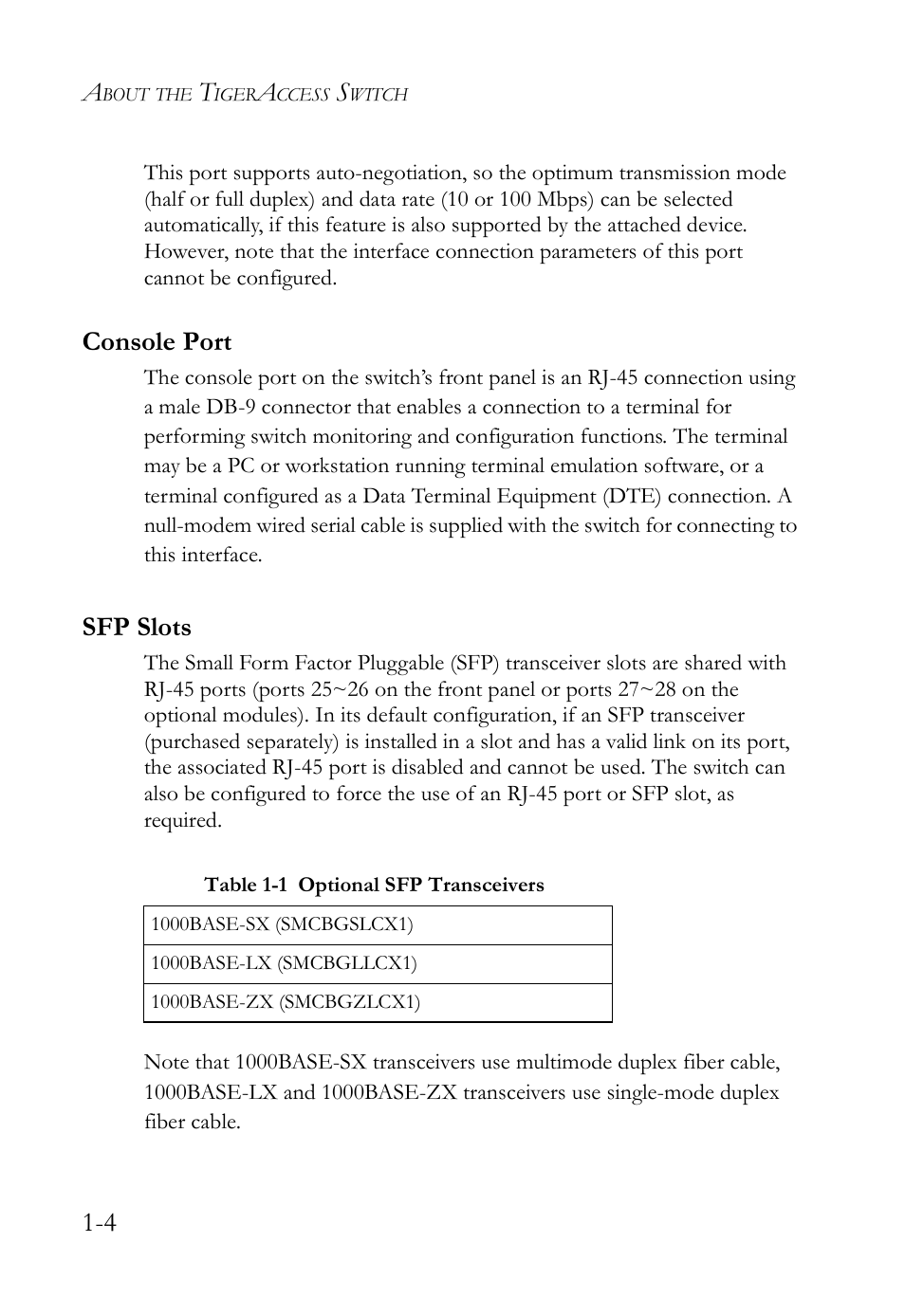 Console port, Sfp slots, Console port -4 sfp slots -4 | Table 1-1 optional sfp transceivers -4 | SMC Networks SMC TigerAccess SMC7824M/ESW User Manual | Page 24 / 104