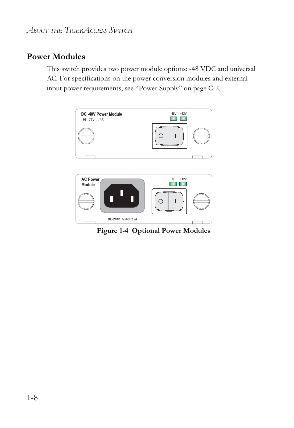 Power modules, Power modules -8, Figure 1-4 | Optional power modules -8, 8 power modules | SMC Networks SMC TigerAccess SMC7824M/ESW User Manual | Page 28 / 104