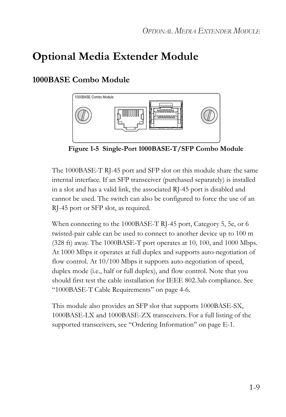 Optional media extender module, 1000base combo module, Optional media extender module -9 | 1000base combo module -9, Figure 1-5, Single-port 1000base-t/sfp combo module -9 | SMC Networks SMC TigerAccess SMC7824M/ESW User Manual | Page 29 / 104