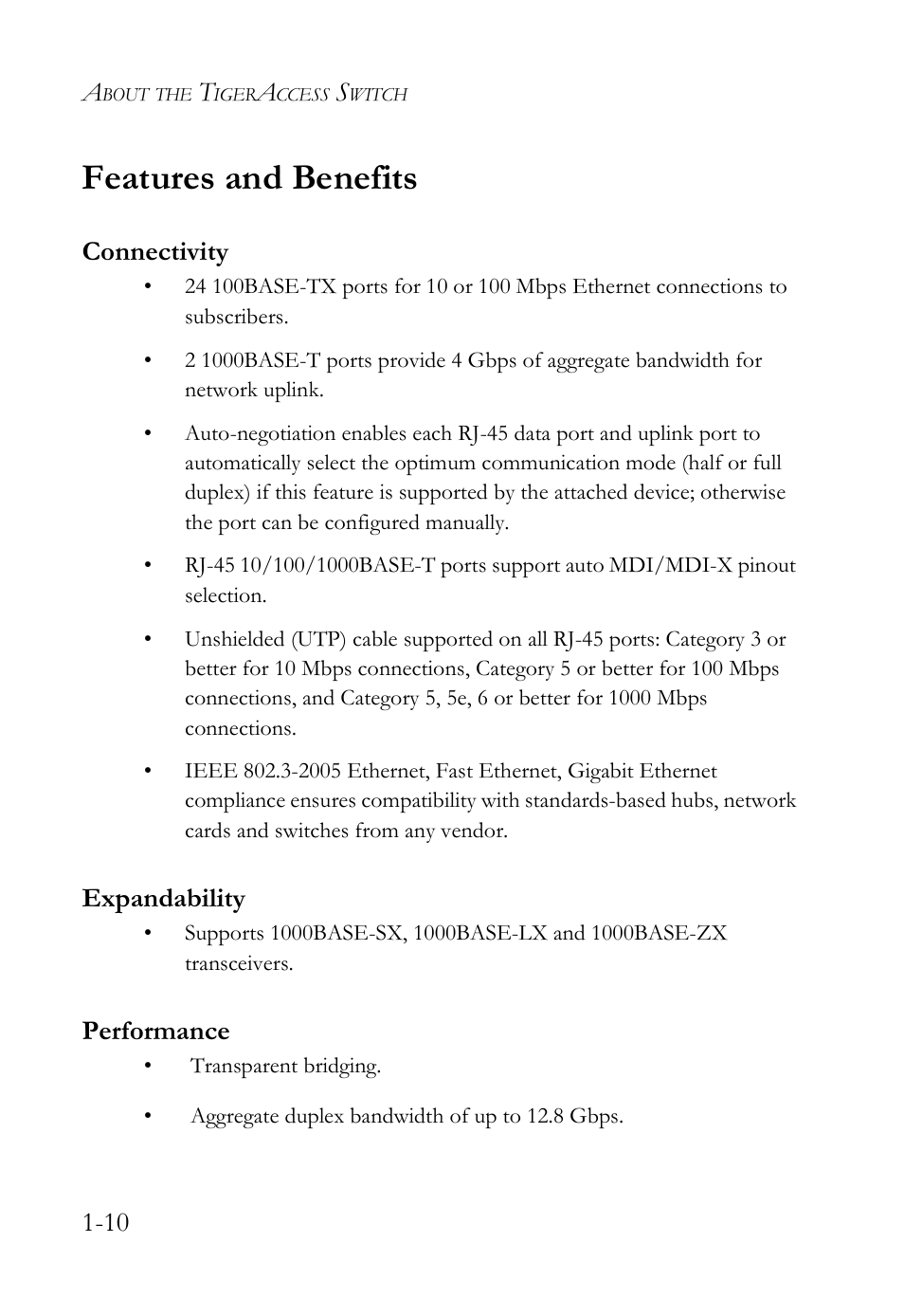 Features and benefits, Connectivity, Expandability | Performance, Features and benefits -10, Connectivity -10 expandability -10 performance -10 | SMC Networks SMC TigerAccess SMC7824M/ESW User Manual | Page 30 / 104