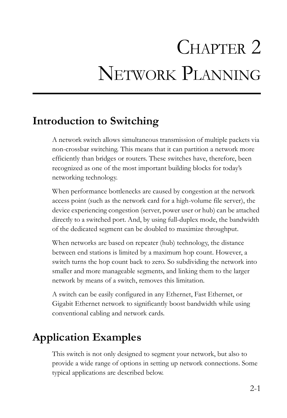 Chapter 2 network planning, Introduction to switching, Application examples | Network planning -1, Hapter, Etwork, Lanning | SMC Networks SMC TigerAccess SMC7824M/ESW User Manual | Page 33 / 104