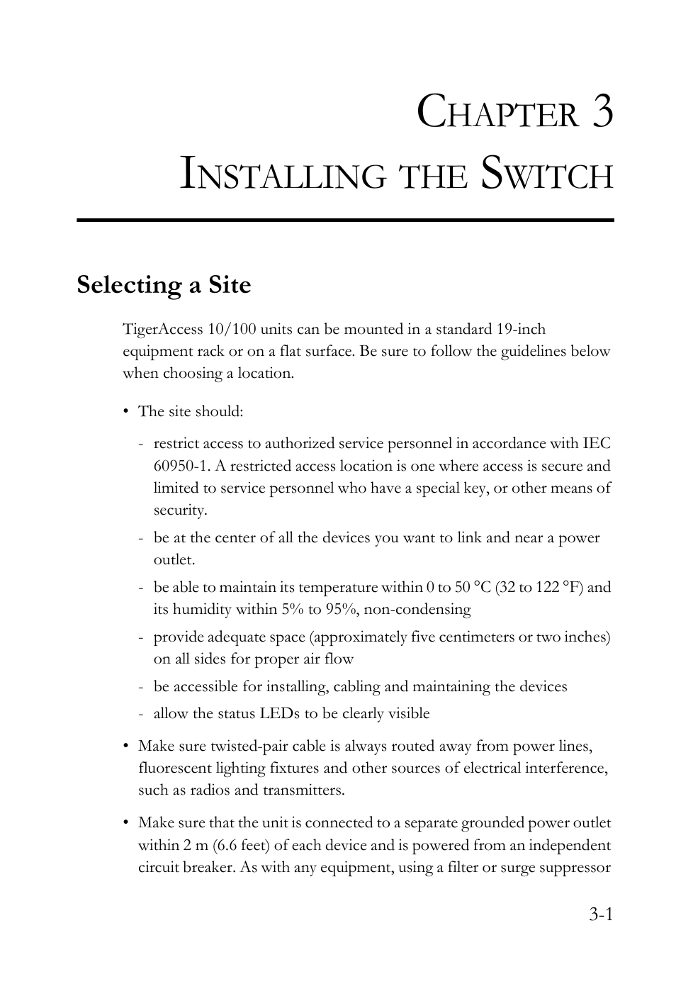 Chapter 3 installing the switch, Selecting a site, Installing the switch -1 | Selecting a site -1, Hapter, Nstalling, Witch | SMC Networks SMC TigerAccess SMC7824M/ESW User Manual | Page 39 / 104