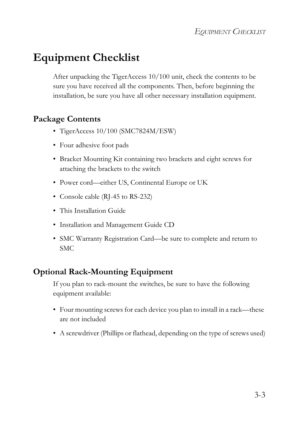 Equipment checklist, Package contents, Optional rack-mounting equipment | Equipment checklist -3, Package contents -3, Optional rack-mounting equipment -3 | SMC Networks SMC TigerAccess SMC7824M/ESW User Manual | Page 41 / 104