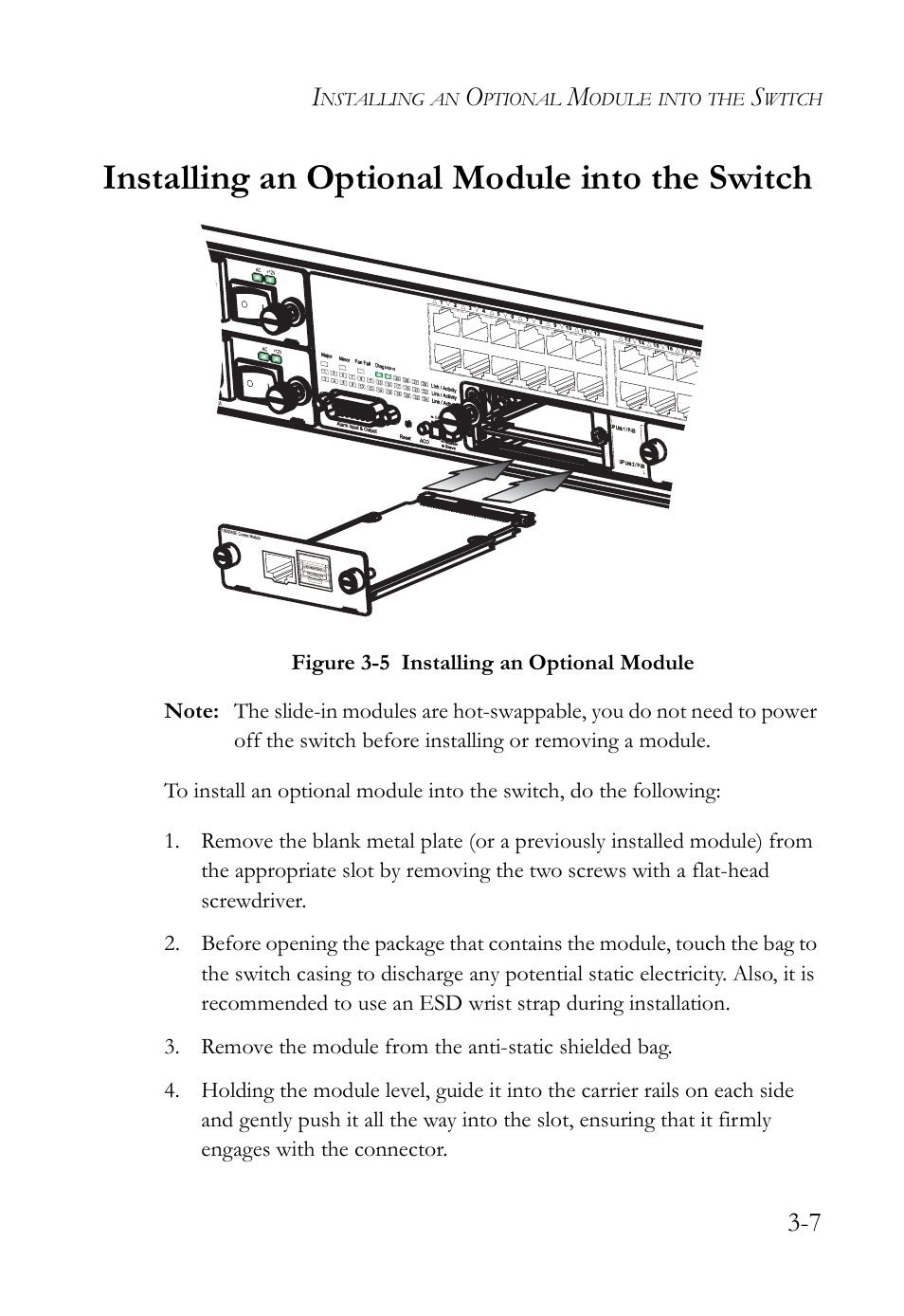 Installing an optional module into the switch, Installing an optional module into the switch -7, Figure 3-5 | Installing an optional module -7 | SMC Networks SMC TigerAccess SMC7824M/ESW User Manual | Page 45 / 104