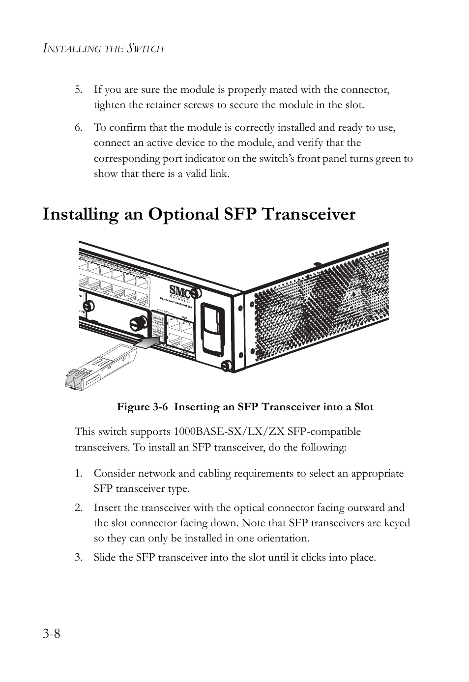 Installing an optional sfp transceiver, Installing an optional sfp transceiver -8, Figure 3-6 | Inserting an sfp transceiver into a slot -8 | SMC Networks SMC TigerAccess SMC7824M/ESW User Manual | Page 46 / 104