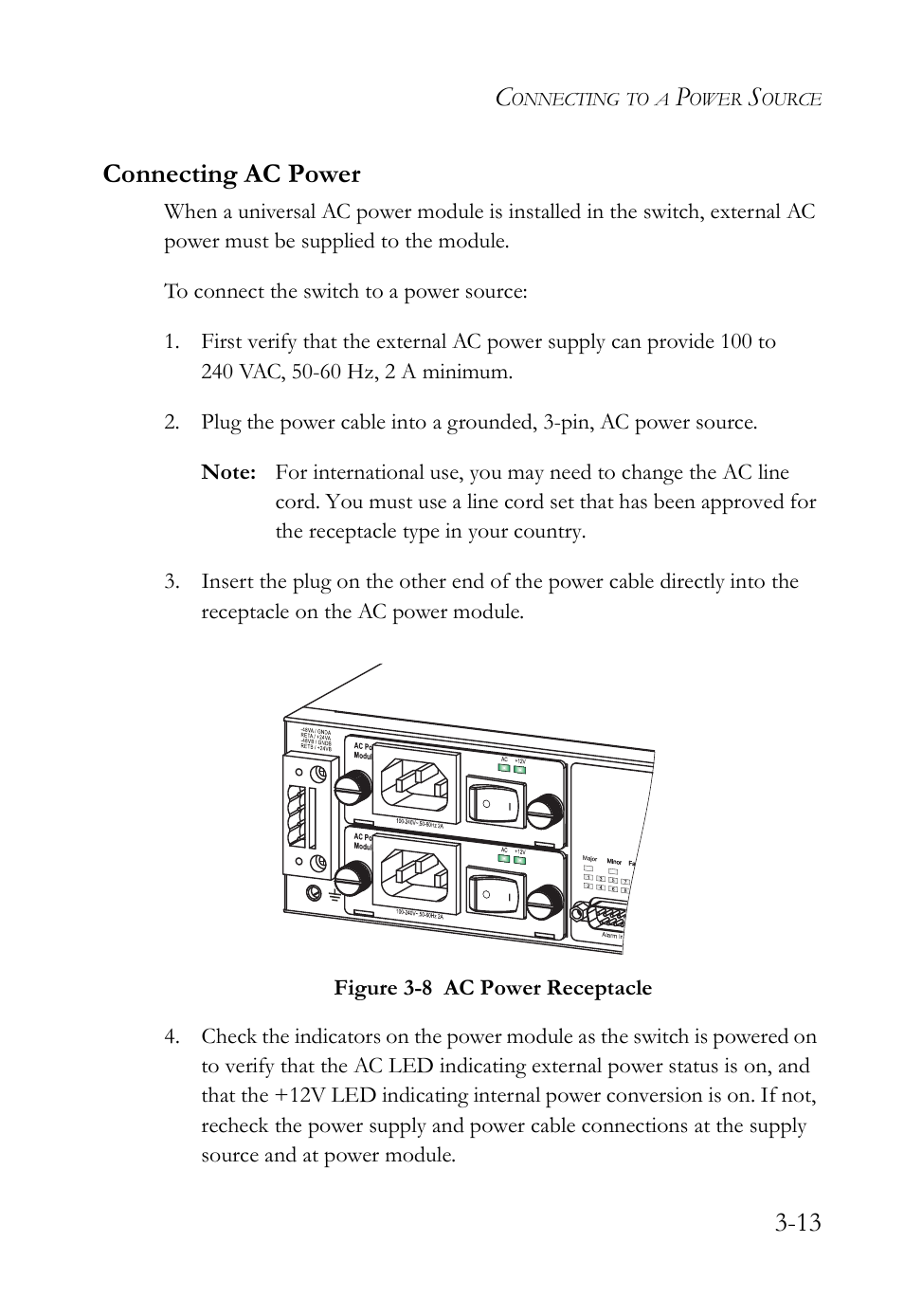 Connecting ac power, Connecting ac power -13, Figure 3-8 | Ac power receptacle -13, 13 connecting ac power | SMC Networks SMC TigerAccess SMC7824M/ESW User Manual | Page 51 / 104