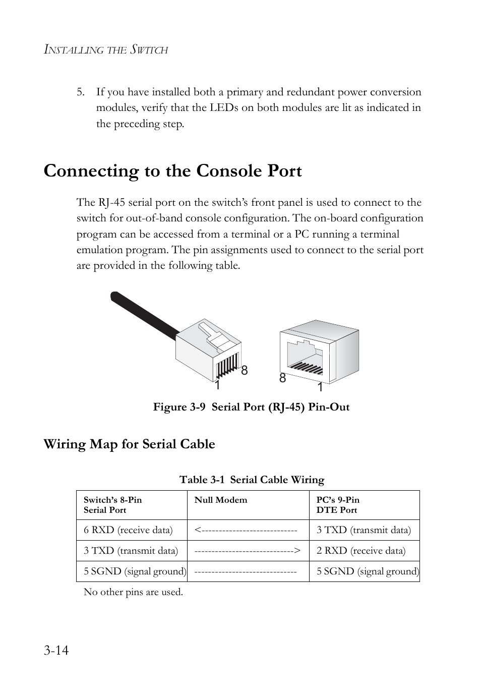 Connecting to the console port, Wiring map for serial cable, Connecting to the console port -14 | Wiring map for serial cable -14, Table 3-1 serial cable wiring -14, Figure 3-9, Serial port (rj-45) pin-out -14 | SMC Networks SMC TigerAccess SMC7824M/ESW User Manual | Page 52 / 104