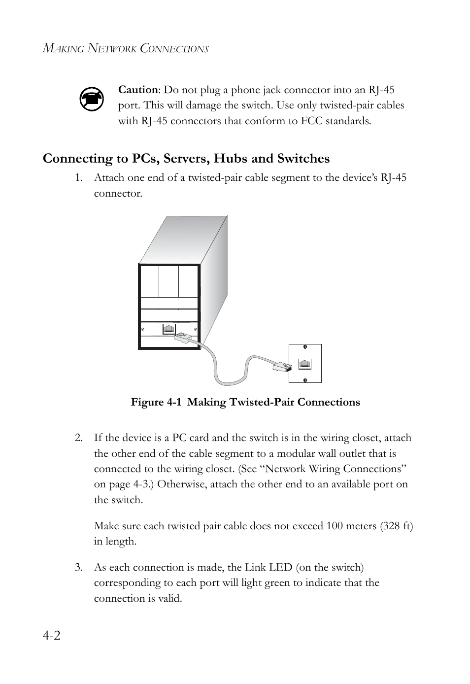 Connecting to pcs, servers, hubs and switches, Connecting to pcs, servers, hubs and switches -2, Figure 4-1 | Making twisted-pair connections -2 | SMC Networks SMC TigerAccess SMC7824M/ESW User Manual | Page 58 / 104