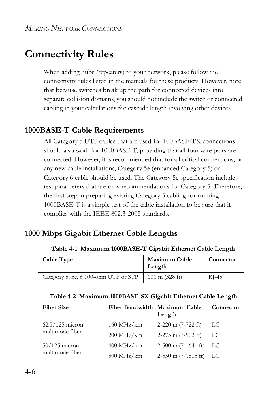 Connectivity rules, 1000base-t cable requirements, 1000 mbps gigabit ethernet cable lengths | Connectivity rules -6 | SMC Networks SMC TigerAccess SMC7824M/ESW User Manual | Page 62 / 104