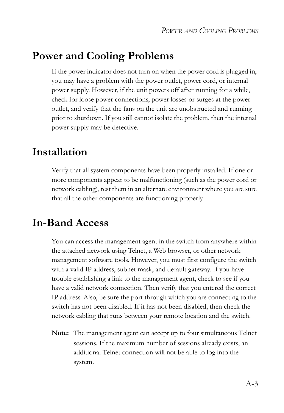 Power and cooling problems, Installation, In-band access | SMC Networks SMC TigerAccess SMC7824M/ESW User Manual | Page 67 / 104