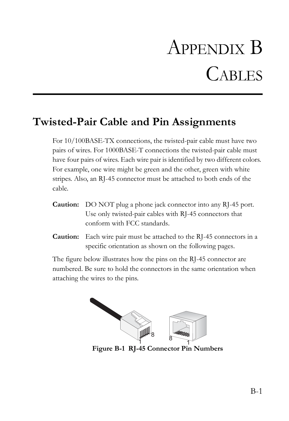 Appendix b cables, Twisted-pair cable and pin assignments, Figure b-1 | Ppendix, Ables | SMC Networks SMC TigerAccess SMC7824M/ESW User Manual | Page 69 / 104