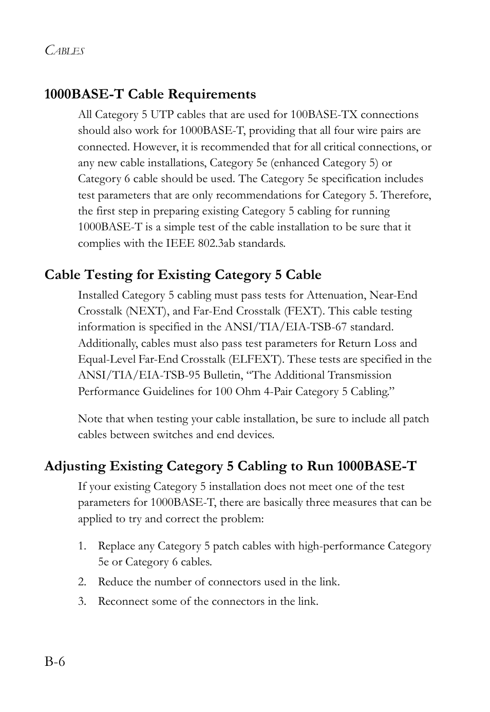 1000base-t cable requirements, Cable testing for existing category 5 cable | SMC Networks SMC TigerAccess SMC7824M/ESW User Manual | Page 74 / 104