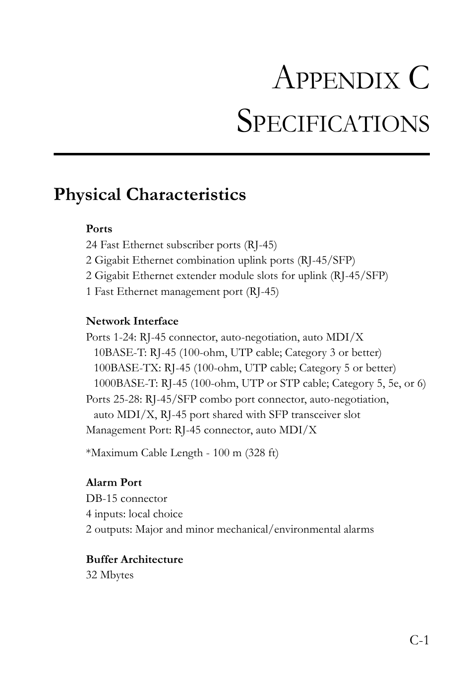 Appendix c specifications, Physical characteristics, Ppendix | Pecifications | SMC Networks SMC TigerAccess SMC7824M/ESW User Manual | Page 77 / 104