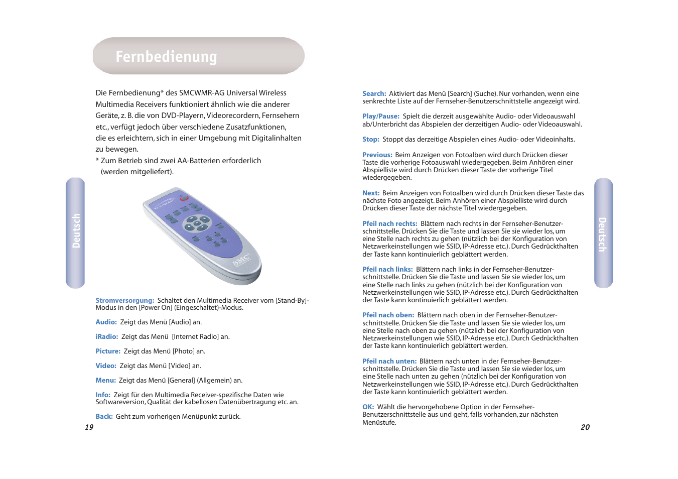 Fernbedienung, Deutsch | SMC Networks EZ-Stream SMCWMR-AG User Manual | Page 11 / 60